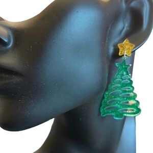 GREEN Christmas Tree Design Acrylic Dangle Pierced Earrings